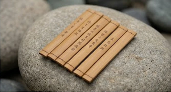 Bốn thẻ tre khắc biểu tượng các con giáp Thìn Ngọ Dậu Hợi xếp cạnh nhau trên mặt bàn đá