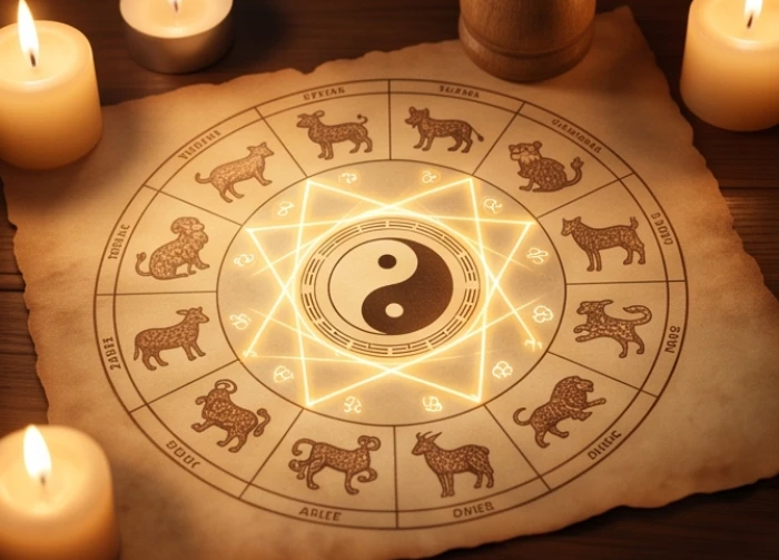 Sơ đồ 12 địa chi trên vòng tròn hoàng đạo với trục đối xứng thể hiện các cặp lục hợp
