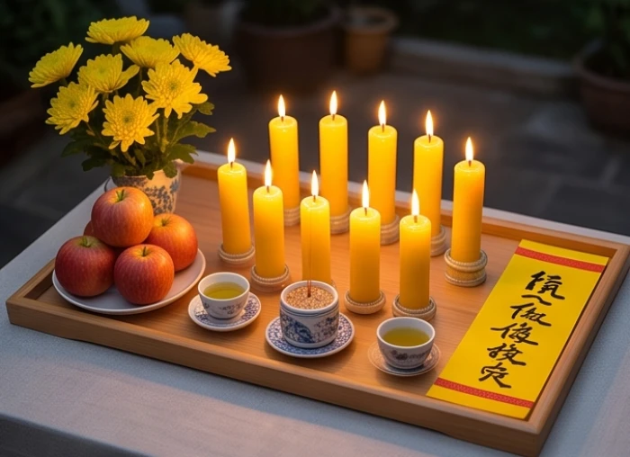 Mâm lễ chay tịnh cùng chín ngọn nến và hoa cúc vàng chuẩn bị cúng giải hạn sao La Hầu