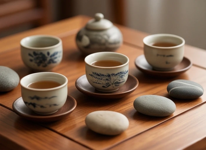 Tách trà gốm sứ và các vật phẩm ngũ hành bố trí cân bằng trên bàn trà gỗ thể hiện quy luật âm dương hài hòa