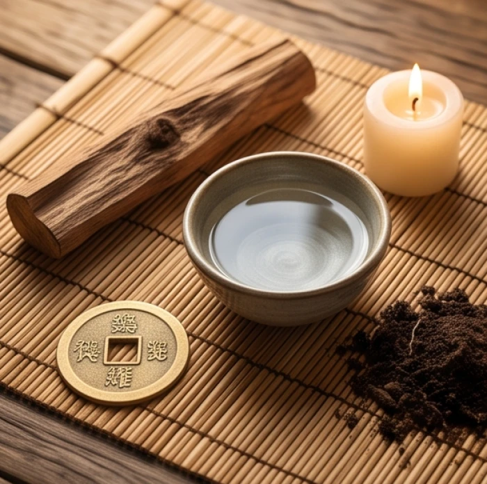 Các vật liệu tự nhiên gồm kim loại, gỗ, nước, nến và đất được sắp xếp hài hòa trên mặt bàn