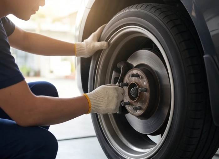 Người lái xe kiểm tra kỹ càng lốp ô tô và hệ thống phanh trước những chuyến đi xa vào thời điểm cuối năm