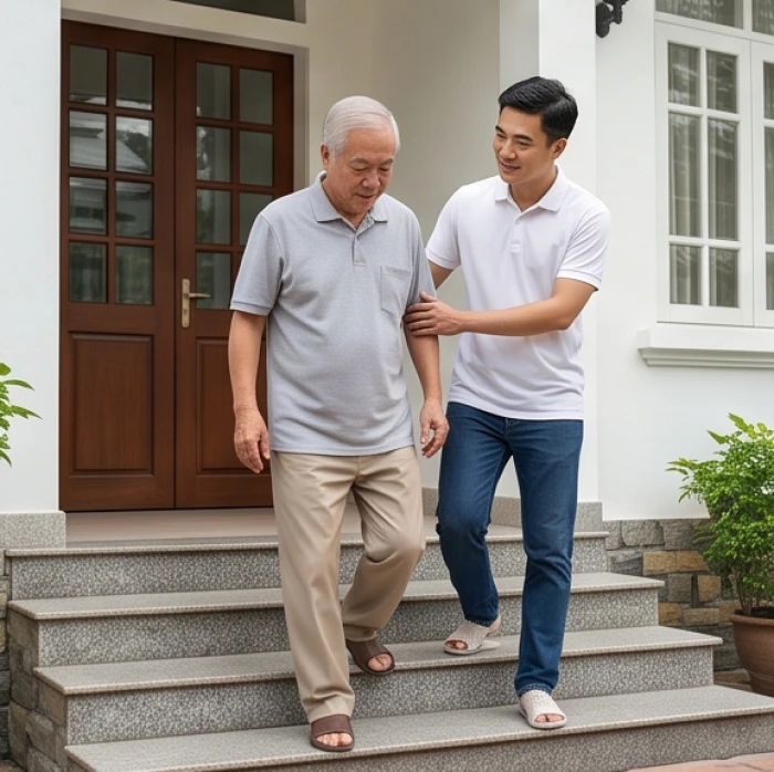 Người con trai dìu người cha lớn tuổi bước xuống bậc thềm nhà một cách cẩn thận và chậm rãi