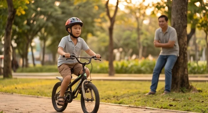 Trẻ em đạp xe vui vẻ trong công viên dưới sự giám sát của người lớn