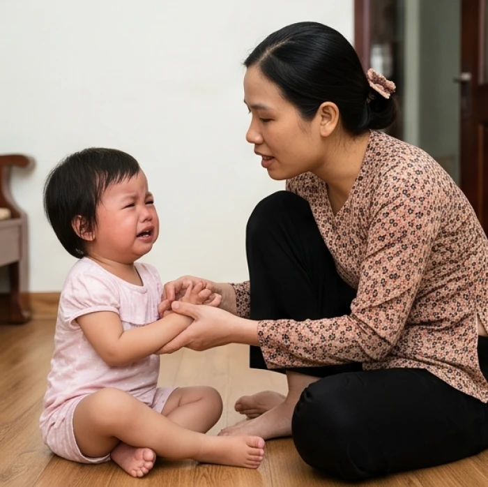 Người lớn cúi xuống ngang tầm mắt để an ủi và lắng nghe cảm xúc của trẻ giúp con giải tỏa sự căng thẳng