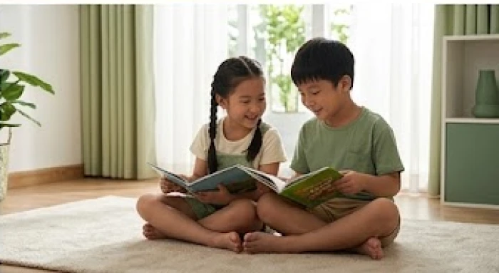 Hai anh em đang vui vẻ đọc sách cùng nhau trong căn phòng ngập nắng