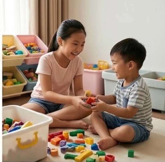 Hai anh em đang vui vẻ chia sẻ đồ chơi với nhau trong khu vực vui chơi dành riêng cho trẻ nhỏ
