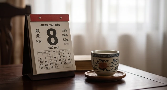 Cuốn sổ tay ghi chép thời gian và lịch âm dương phản ánh sự chuyển giao các mùa trong năm