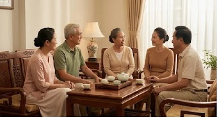 Ba thế hệ trong gia đình quây quần bên bàn trà cùng thảo luận cách điều hòa trường khí phong thủy trong nhà