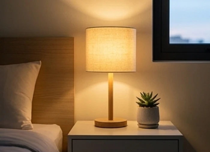 Ánh sáng vàng ấm áp từ chiếc đèn ngủ tỏa ra trong không gian phòng tĩnh lặng mang năng lượng hành Hỏa