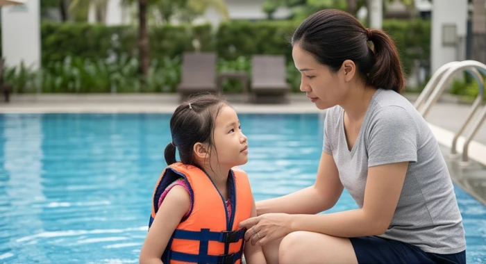 Bé gái 8 tuổi mặc áo phao tiêu chuẩn được mẹ giám sát cẩn thận khi tập bơi tại hồ bơi nước trong xanh