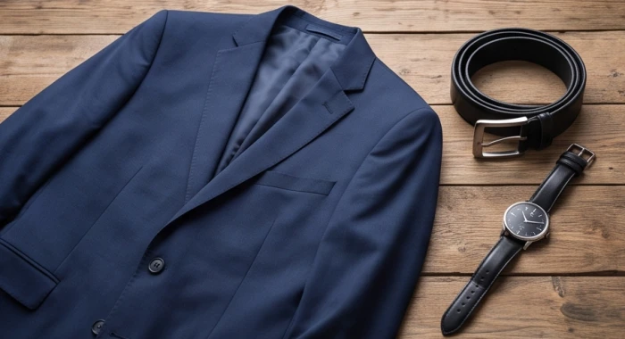 Một bộ suit nam màu xanh navy cắt may tỉ mỉ phối cùng thắt lưng và đồng hồ da màu đen lịch lãm
