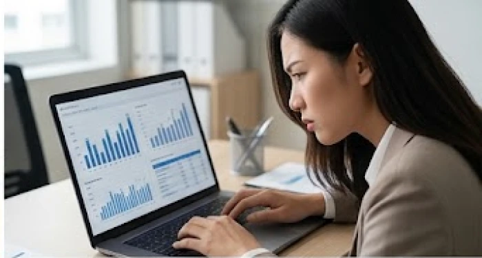 Một nhân viên văn phòng đang nhíu mày kiểm tra kỹ lưỡng từng dòng văn bản trên màn hình máy tính xách tay