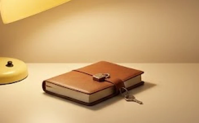 Cuốn sổ nhật ký khóa kín nằm lặng lẽ dưới ánh đèn bàn vàng dịu phản ánh tâm lý khép kín