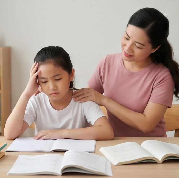 Người mẹ ân cần xoa vai động viên con gái đang lộ vẻ căng thẳng khi ngồi trước những bài tập khó nhằn