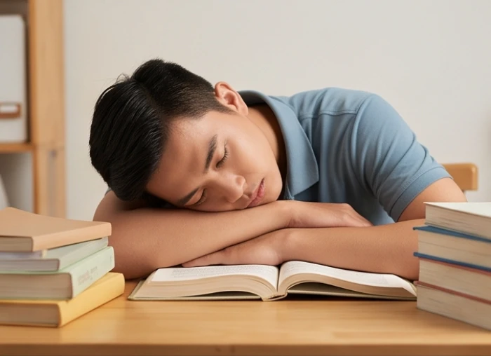 Chàng trai trẻ gục đầu xuống bàn làm việc vì kiệt sức trước đống sách vở