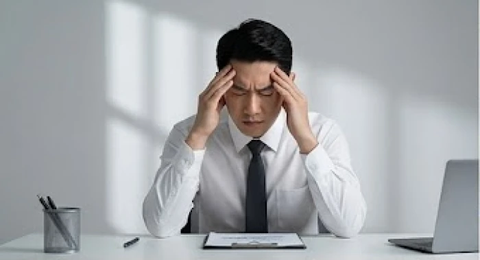 Người đàn ông gục đầu xuống bàn làm việc thể hiện sự bế tắc và áp lực nội tâm do tự phá hoại