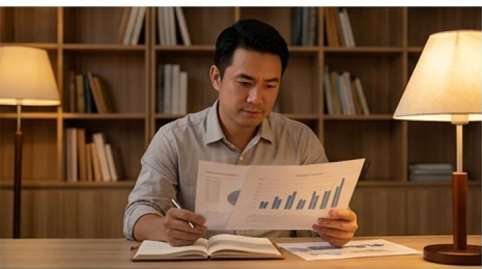 Người đàn ông trưởng thành ngồi điềm tĩnh đọc tài liệu và ghi chép quản lý tài chính tại bàn làm việc tại nhà