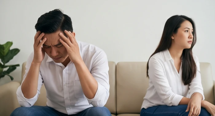 Nam giới ôm đầu căng thẳng và nữ giới thu mình im lặng trong không gian văn phòng làm việc