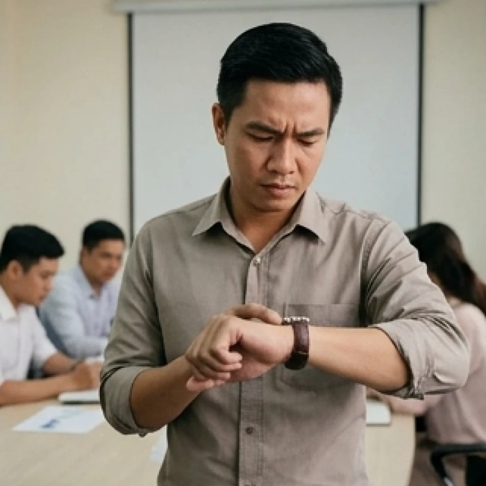 Người đàn ông căng thẳng nhìn đồng hồ trong một cuộc họp nhóm gay gắt với đồng nghiệp