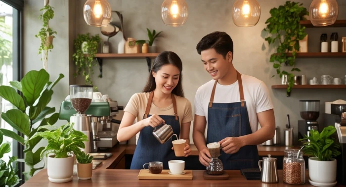 Nhóm chủ quán cà phê trẻ tuổi Ất Hợi cùng cộng sự điều hành không gian dịch vụ ăn uống hiện đại