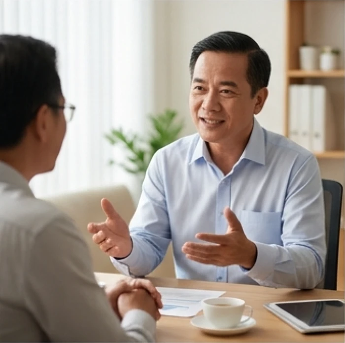 Người nam mệnh Ất Mão 1975 với phong thái đĩnh đạc đang trao đổi và tư vấn công việc cho đối tác tại phòng trà