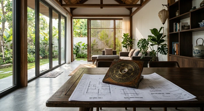 La bàn phong thủy và bản vẽ nhà giúp gia chủ tìm hiểu ất mão 1975 hợp hướng nào để đón cát khí