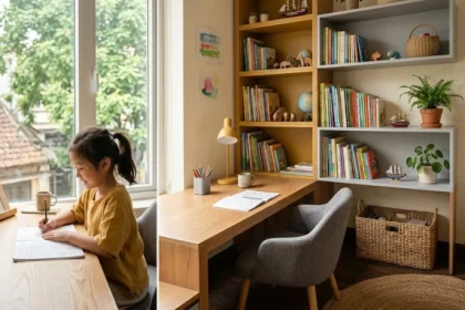 Không gian phòng học tông xám trắng và vàng đất giải đáp thắc mắc ất mùi 2015 hợp màu gì cho bé