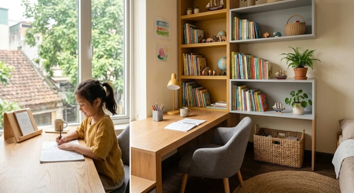 Không gian phòng học tông xám trắng và vàng đất giải đáp thắc mắc ất mùi 2015 hợp màu gì cho bé