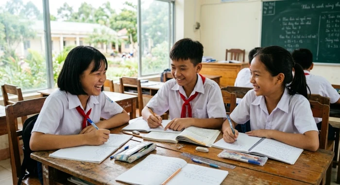 Hình ảnh nhóm học sinh thảo luận bài tập giúp phụ huynh hiểu rõ ất mùi 2015 hợp tuổi nào để chọn bạn cùng tiến