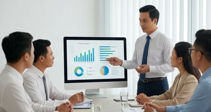 Quản lý tuổi Ất Sửu thuyết trình báo cáo tiến độ định kỳ trong cuộc họp thảo luận minh bạch