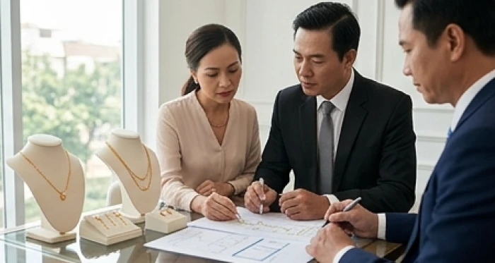 Chuyên gia tuổi Ất Sửu mệnh Kim cùng đối tác mệnh Thổ đánh giá bộ sưu tập trang sức kim loại tại phòng trưng bày