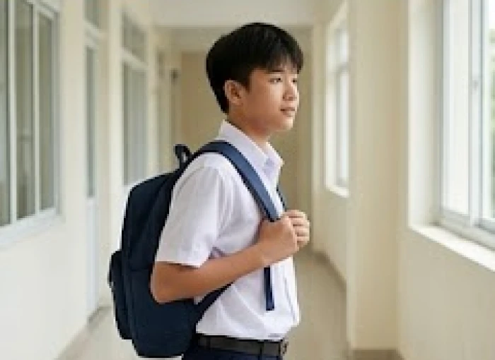 Học sinh mặc áo đồng phục trắng khoác ba lô phối viền xanh dương đậm tạo điểm nhấn hài hòa ngũ hành