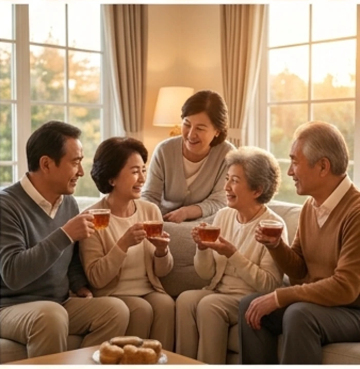 Gia đình nhiều thế hệ đang ngồi uống trà và trò chuyện vui vẻ bên phòng khách