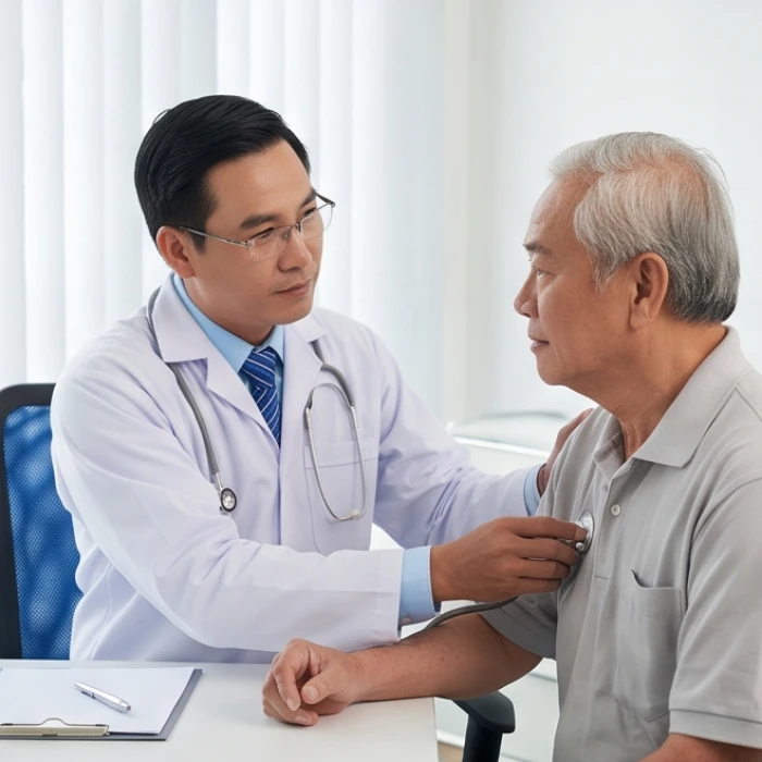 Bác sĩ y khoa thăm khám tim mạch và tư vấn chế độ chăm sóc sức khỏe cho bệnh nhân nam lớn tuổi tại phòng khám