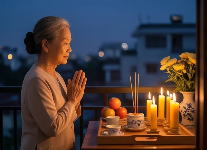Người nữ tuổi Canh Dần đứng trước linh án hướng chính Bắc thành tâm làm lễ cúng giải hạn
