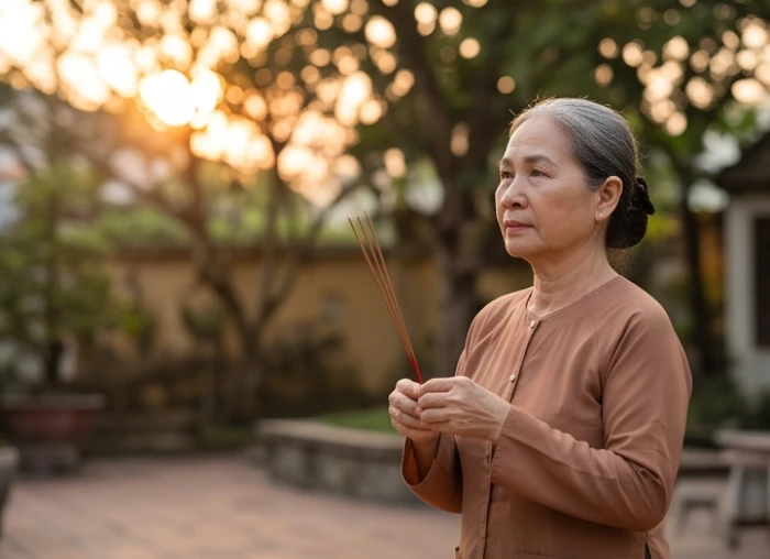 Nữ gia chủ cao tuổi đứng chắp tay thành kính thắp hương hướng về phía Tây để làm lễ cúng sao