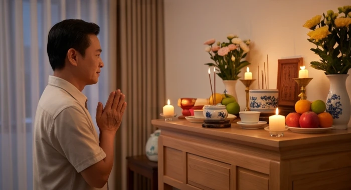 Gia chủ trang phục kín đáo thành tâm thắp hương trước bàn án cúng sao cầu bình an