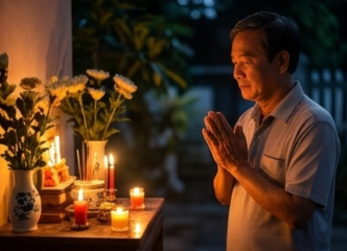 Người đàn ông tuổi lục tuần thành tâm chắp tay đứng vái lạy trước mâm cúng sao giải hạn giữa không gian đêm thanh tịnh