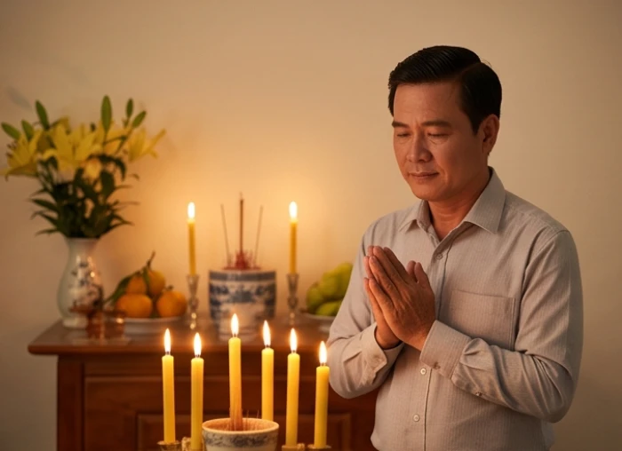 Nam mạng Giáp Dần trang phục chỉnh tề đọc văn khấn nghênh sao Thái Âm trong khung giờ tối để cầu tài lộc