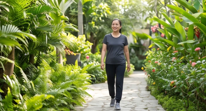 Người phụ nữ 57 tuổi khởi động nhẹ nhàng và đi bộ chậm rãi trên con đường bằng phẳng rợp bóng cây xanh