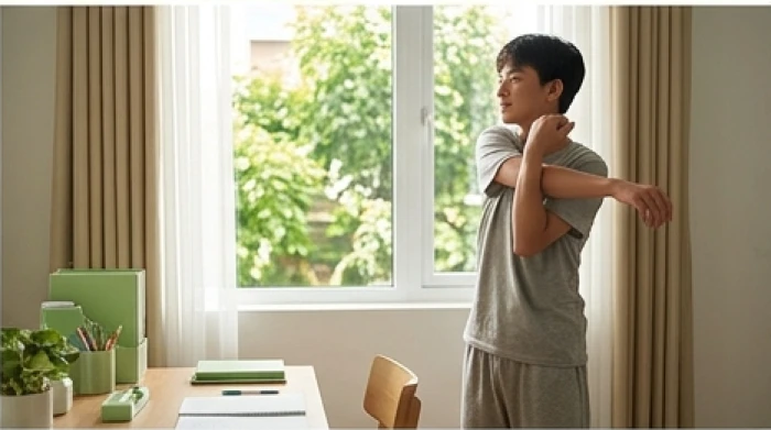 Nam sinh đứng vươn vai và nhìn ra ngoài cửa sổ để thư giãn mắt sau giờ học