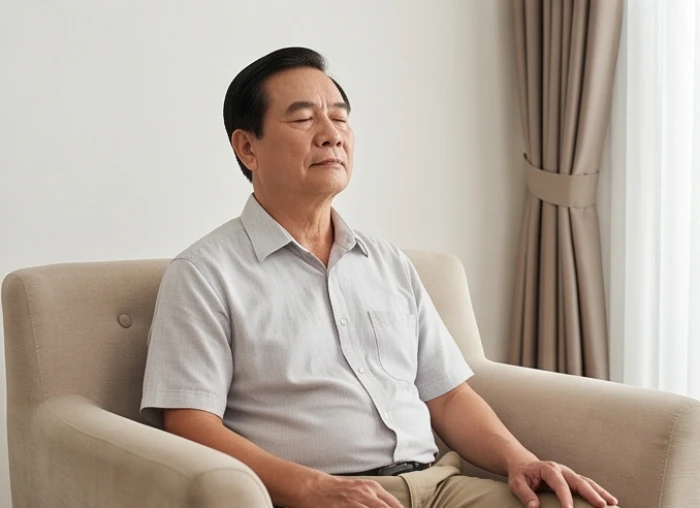Người đàn ông 64 tuổi nhắm mắt tĩnh tâm thực hành hít thở sâu để hạ nhiệt cơ thể trên ghế sofa
