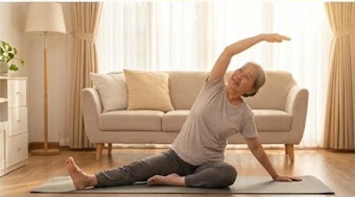 Người phụ nữ lớn tuổi đang thực hiện các động tác giãn cơ nhẹ nhàng trên thảm yoga tại phòng khách