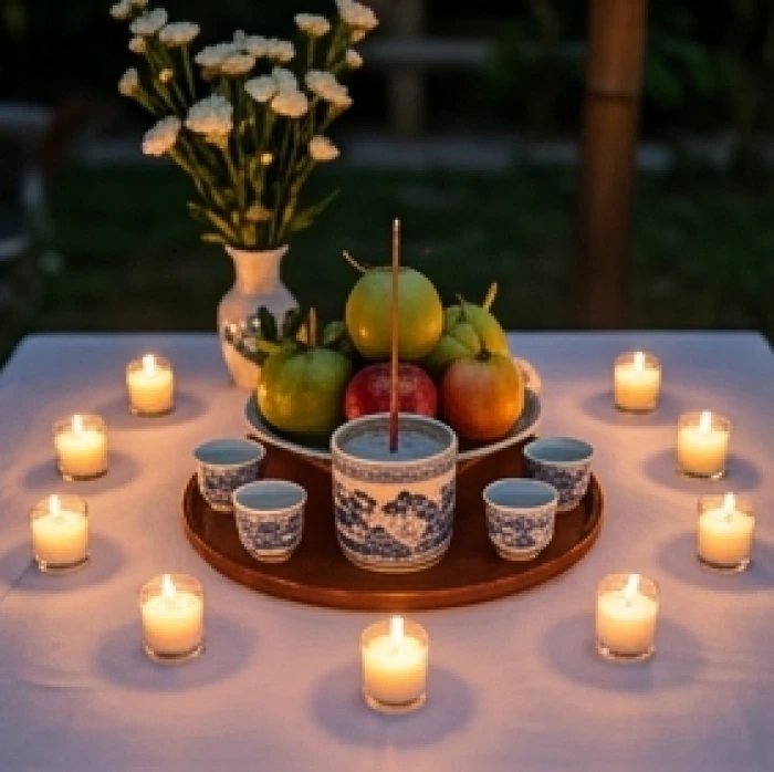 Bàn cúng dâng sao ngoài trời được sắp xếp trang nghiêm với nến lung linh cùng hoa quả tươi vào ngày rằm