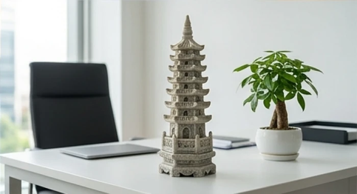 Mô hình Tháp Văn Xương đá thạch anh đặt trang trọng bên góc trái bàn làm việc hiện đại theo phong thủy