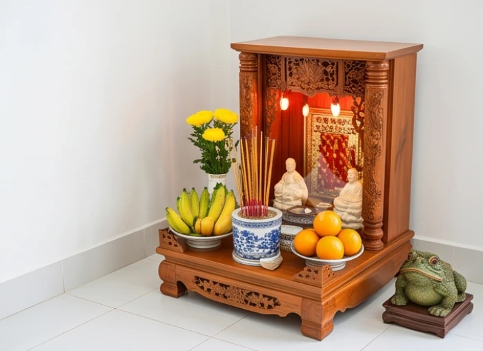 Bàn thờ Thần Tài Ông Địa được sắp xếp trang nghiêm và sạch sẽ hướng thẳng ra khu vực cửa chính