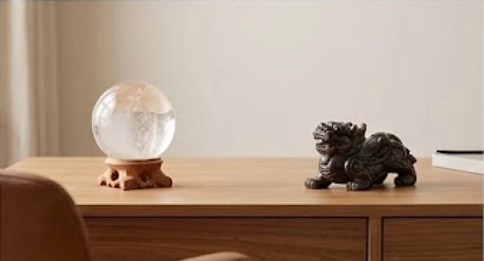 Bàn làm việc gọn gàng với quả cầu thạch anh ở góc trái và tượng Tỳ Hưu nhỏ ở góc phải