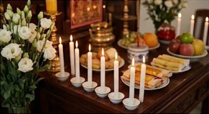 Mâm cúng giải hạn sao Thái Bạch với 8 ngọn nến trắng cùng hoa quả sạch được sắp xếp trang trọng tại nhà
