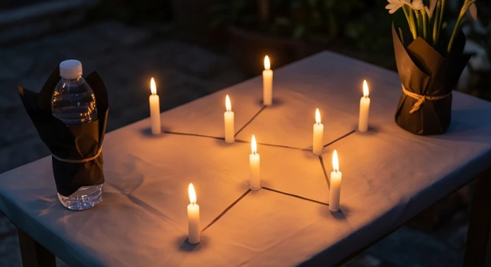 Bảy ngọn nến được thắp sáng rực rỡ xếp theo trận đồ chòm sao Thủy Diệu
